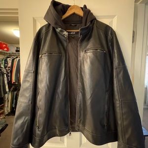 Black Rivet Men’s size XXL polyvinyl motorcycle jacket with zip-in hood